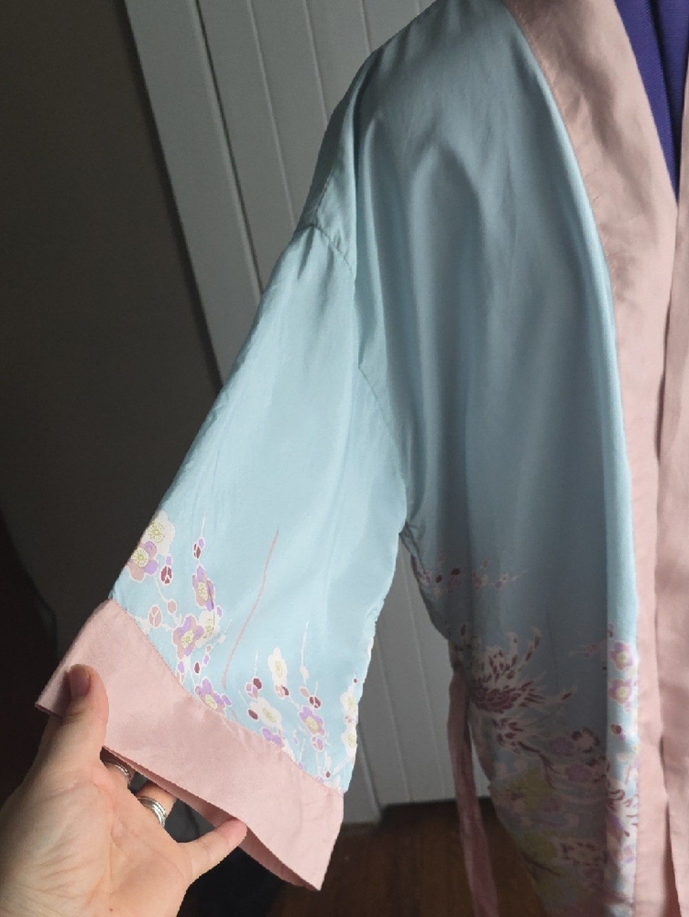 Women's Light Blue and Pale Pink Floral Kimono Robe - Picture 4 of 8